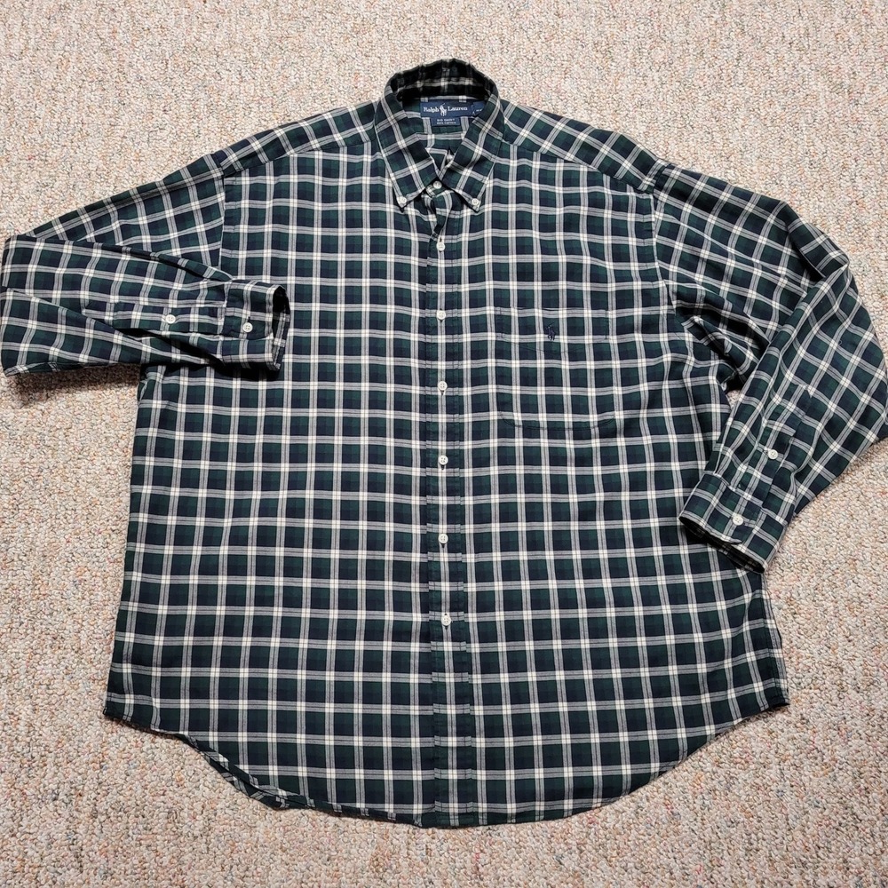 Ralph Lauren Big Shirt Men Large Green Plaid Cotton Button Down Long Sleeve Pony